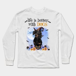 Dachshund Witch Hat Life Is Better With Dogs Halloween Long Sleeve T-Shirt